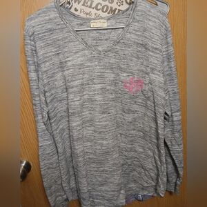Gray V-Neck Sweater with Pink Logo